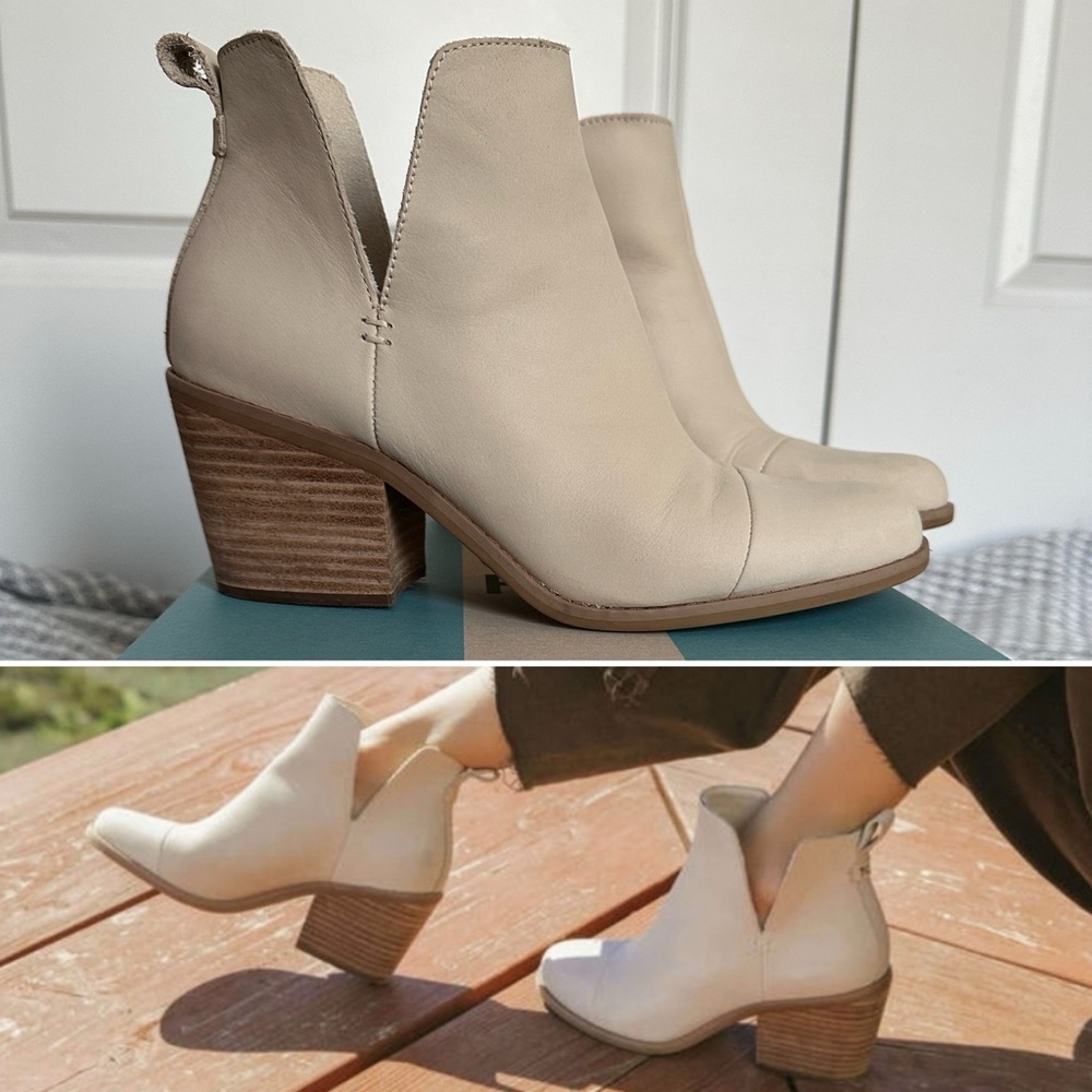TOMS Everly Cutout Ankle Boots – Beige Leather Cream – With Box